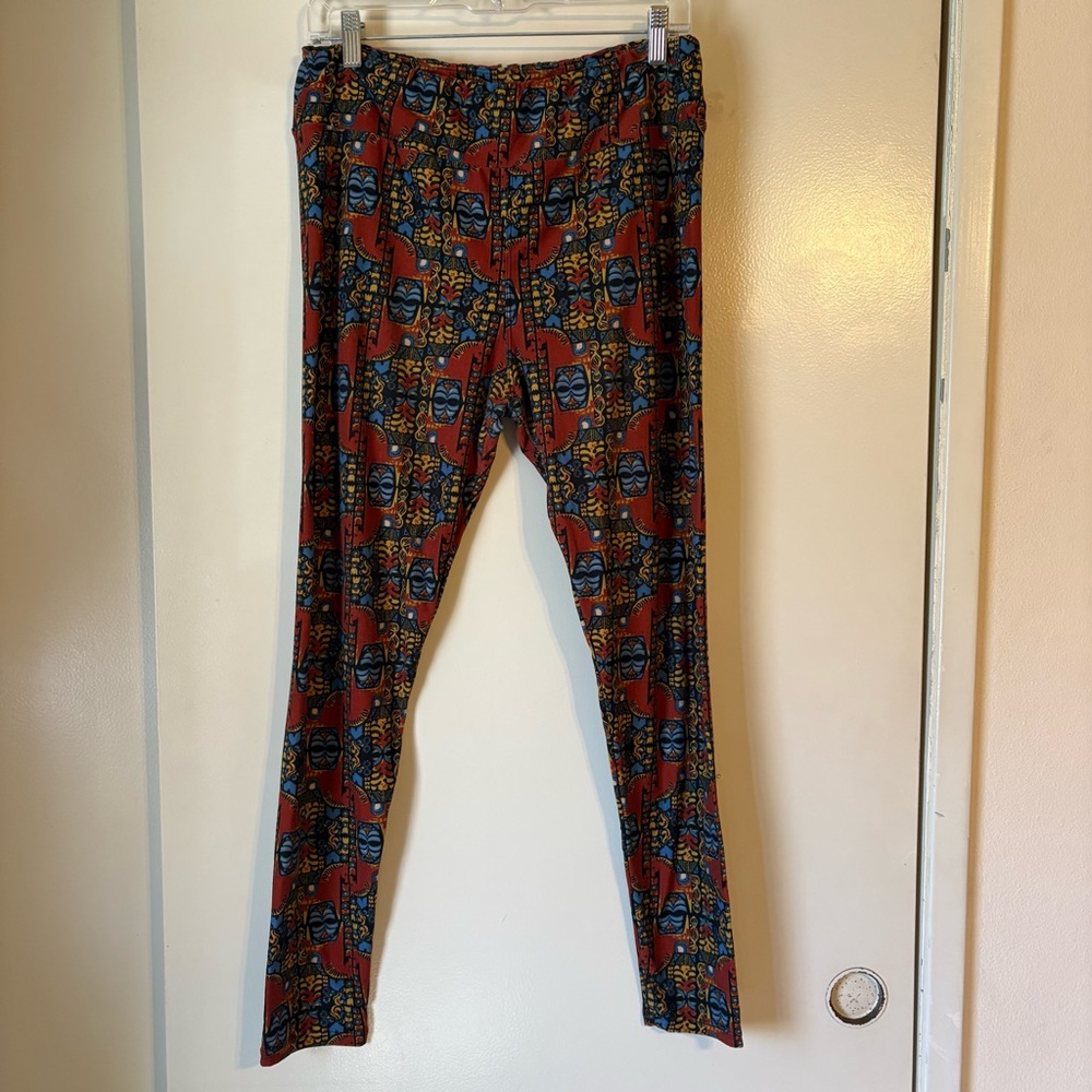 LuLaRoe Leggings Horse Totem Print Womens TC Tall‎ & Curvy Brown Yellow Blue GUC